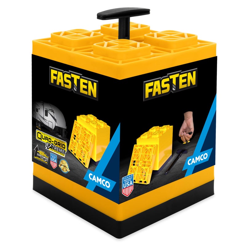 Camco Fasten RV Leveling Blocks - Features Interlocking Design for Customizable Height - Carrying Handle Twists to Secure Blocks for RV Storage - 8.5â€ x 8.5â€ x 1â€, Yellow, 10-Pack (21022) - Image 1